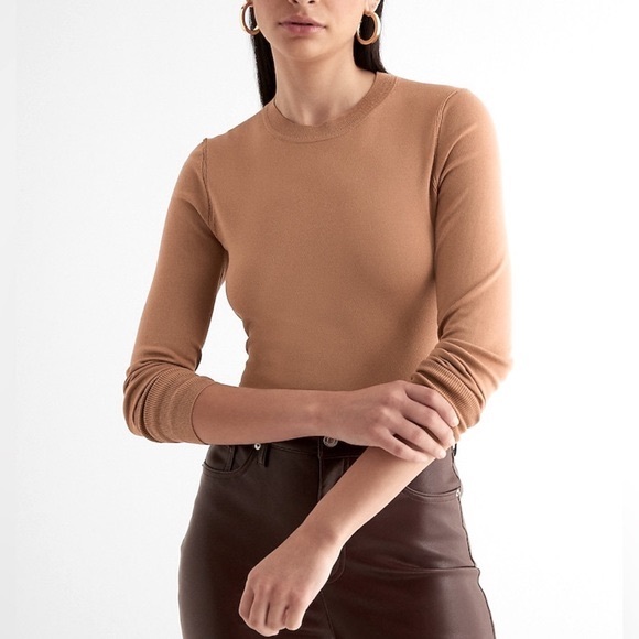 Express Silky Soft Fitted Crew Neck Knit Top in Pecan, Women's Size Medium - Picture 2 of 6